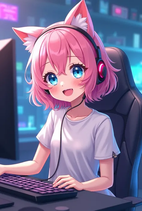 Sweet small anime girl with pink hairs, light blue eyes and sitting on a gaming chair in gaming headphones with kitty ears