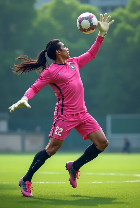 A male goalkeeper ,  long back tied  hair cut, athlete body, tall , malay skin,  wear jersey long sleeve pink colour, short pants pink colour, stockings black colour and soccer boots black pink colour. Jersey number 22  , wear white gloves catching the bal...