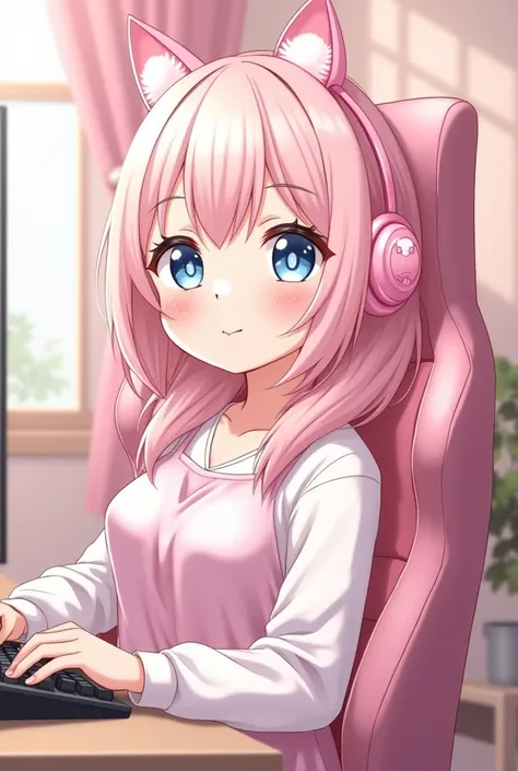 Sweet anime girl with pink hairs, light blue eyes and sitting on a gaming chair in gaming pink kitty headphones in pink room with sweet small smile and sweet adorable eyes.