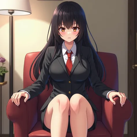 anime girl, cute, gentle, sexy, long hair, black hair, wearing a business suit, big breasts ,angry face, barefoot, show the soles of your feet, house background, sit on a chair, soft lighting, detailed, illustration