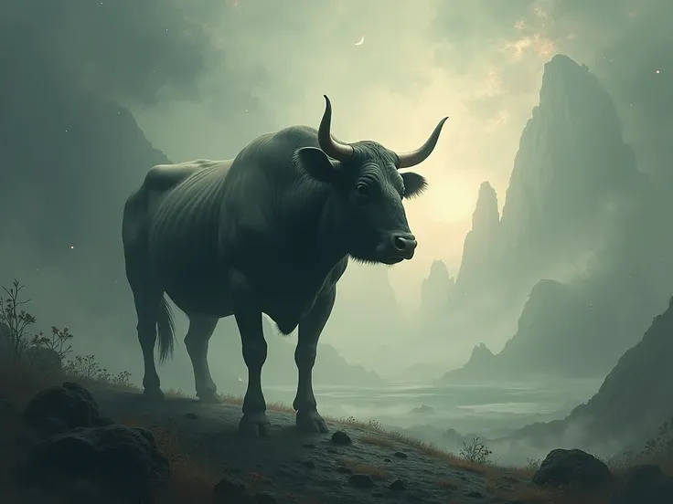 mysterious landscape where you can perceive infinity and you can see an imposing and vigorous bull 