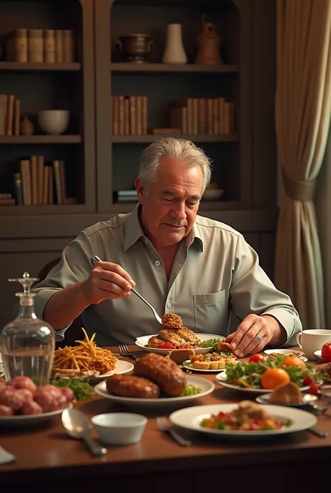 draw me an AI image.  a man is eating a large meal at his dining table.