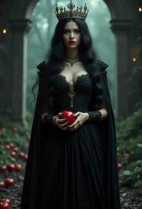 Girl,Black long hair，Black Queen，accessories，Apple in hand，Poison apples，Witch Queen，Red lipstick