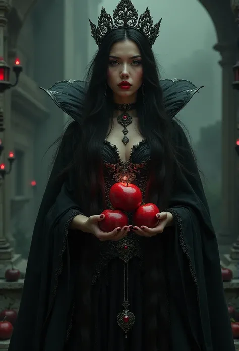 Girl,Black long hair，Black Queen，accessories，Apple in hand，Poison apples，Witch Queen，Red lipstick