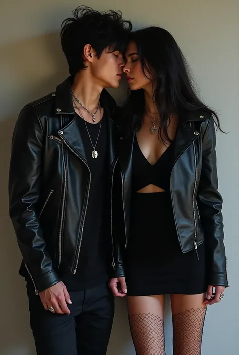 image.  Create a 23-year-old boy and girl .  She is called Eris and she has raven hair up to her shoulders and blue eyes slightly squinted.  He wears a black dress up to mid-thighs , fishnet socks ,  black heels and a leather jacket of the same color .  He...