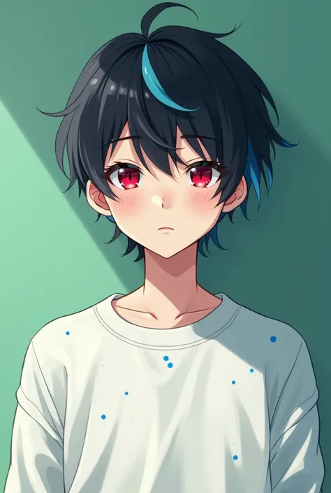 2D Boy,anime,  male,  red eyes, black hair with blue at the ends ,  white sweatshirt with specks covering the puffs,cora, look sexy,  looking at the viewer, perfect nose,  green background  