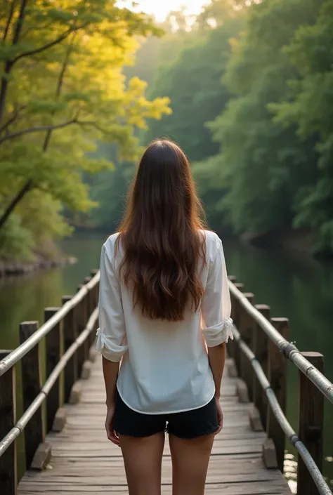 "a woman seen from the front ,  with long, slightly wavy brown hair ,  wearing black shorts and a white blouse made of light fabric .  She is standing on a wooden bridge with metal handrails , looking at the river below .  The bridge looks rustic ,  with w...