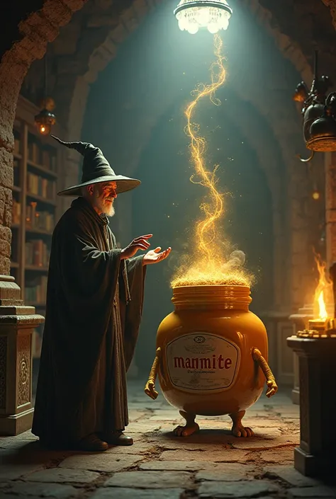 Marmite with feet and a sorcerer in a house