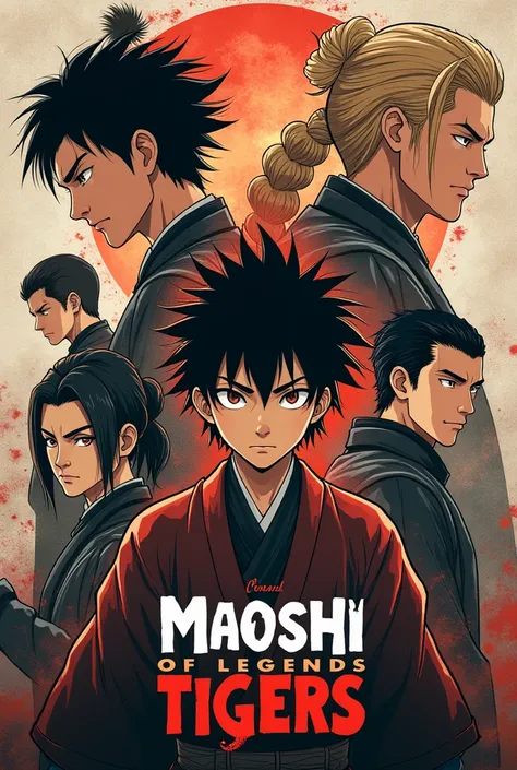  Book cover with the title Maoshi of Legends Tigers in the center I want an Orami and Izamu image of Jujutsu 4 on the sides of Ikado Ashino and Merano 
with iconic characters in the background