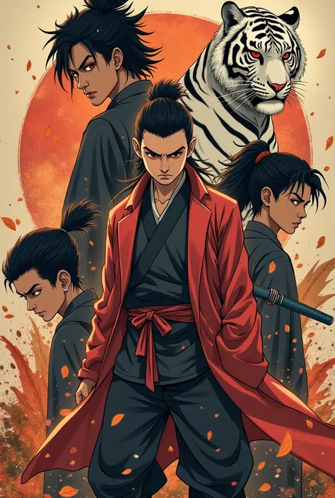  Book cover with the title Maoshi of Legends Tigers in the center I want an Orami and Izamu image of Jujutsu 4 on the sides of Ikado Ashino and Merano 
with iconic characters in the background