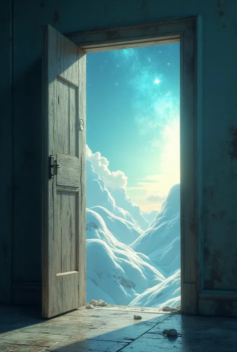 A half opened door whereas a heavenly view can be seen