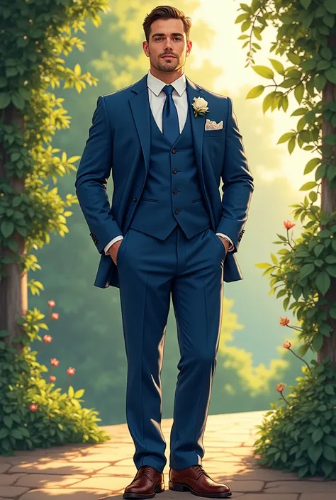 Create a best man's wedding outfit illustration with a blue suit and tie