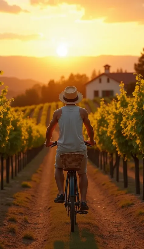 A cyclist riding a vintage steel-framed bike through a picturesque vineyard at sunset. The cyclist is wearing a straw hat and casual clothing, with a basket attached to the front of the bike. Rows of grapevines stretch out on both sides, and the warm golde...