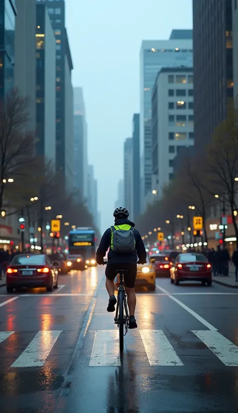 A cyclist navigating through a busy urban street during rush hour. The cyclist is wearing a backpack and a reflective vest, weaving between cars and buses. The street is lined with modern buildings, and the sidewalks are crowded with pedestrians. The sky i...