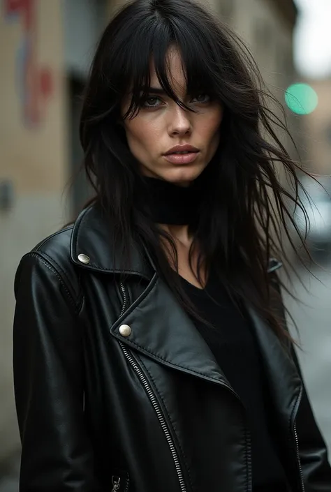  I want an image of a model with a rebellious and avant-garde look inspired by the 80s.  You must wear a black leather jacket ,  have a wild and disheveled look ,  with an intense look . The environment must be urban and raw ,  reflecting the harsh environ...