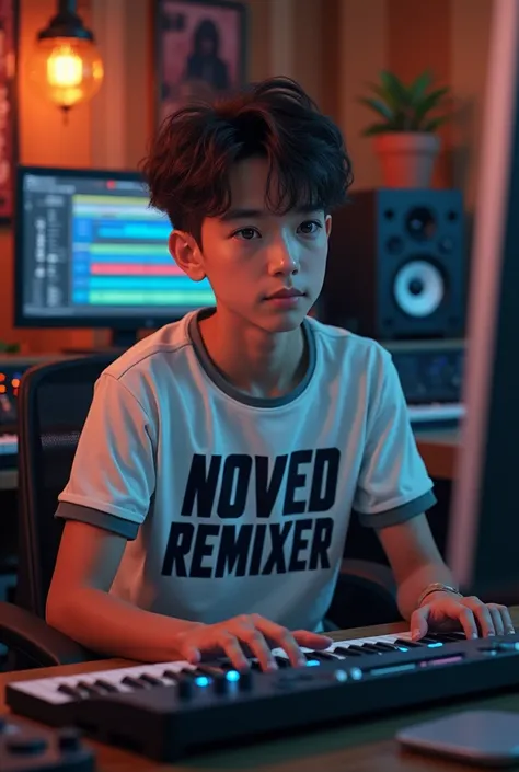 a handsome boy sits in FL studio, wearing a shirt that says Noved remixer