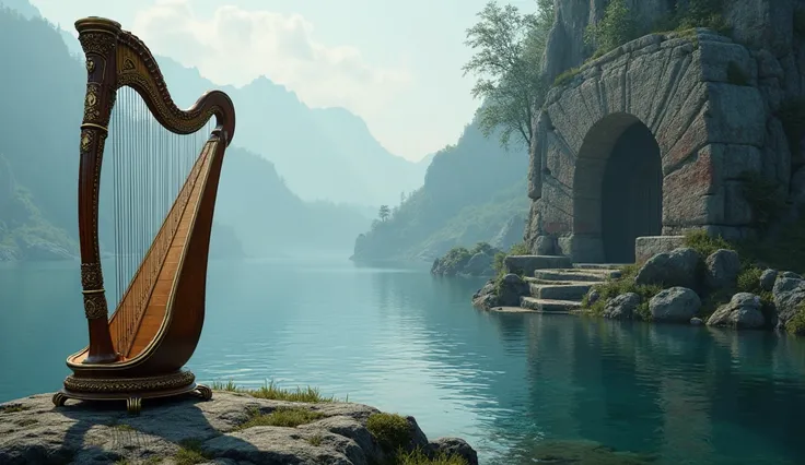 A harp on the left side of the screen. In the background a lake and on the right side a ruined rock, It's written on the rock "Harp Crista ".