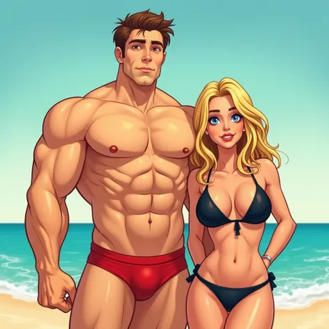 strong man, fair skin, golden eyes, brown hair, dressed with tiny red underpants, and a woman who have blue eyes and blonde hair dressed with black bikini, entire body, beach background, portrait, comic animation style