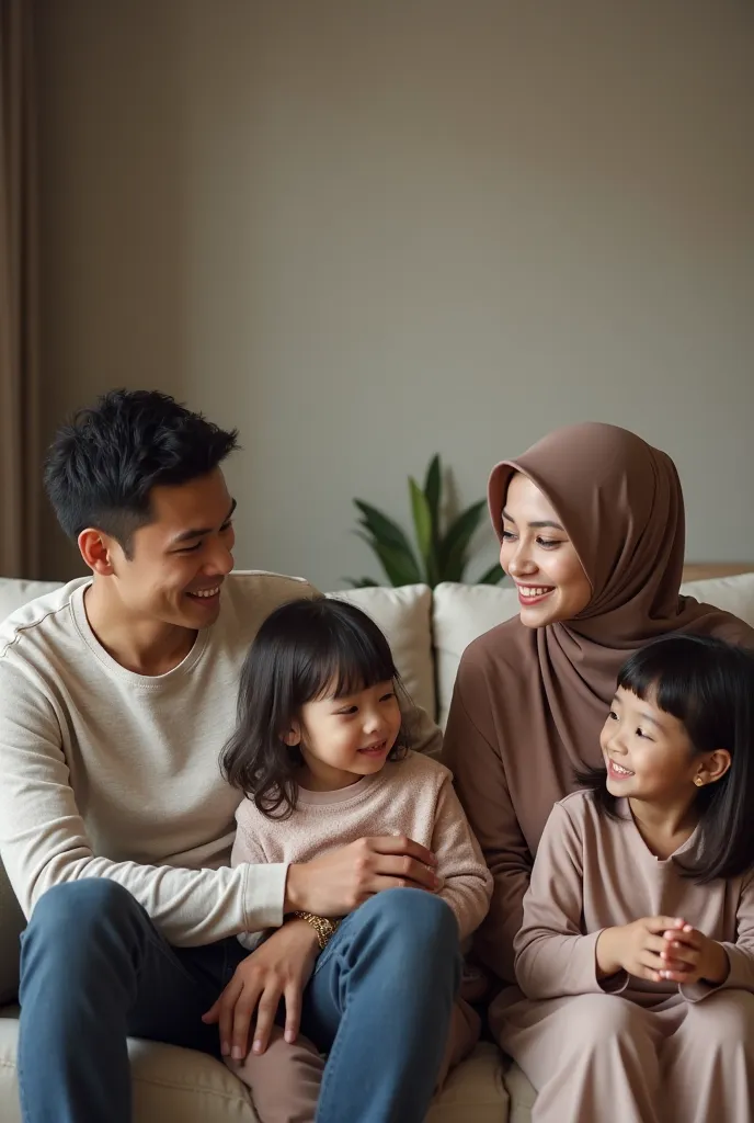 Create a realistic family photo, consisting of a handsome young Asian man, a beautiful young mother wearing a hijab, and a  daughter wearing a hijab and another  daughter wearing a hijab, sitting relaxed in the family room while chatting, camera focus view...