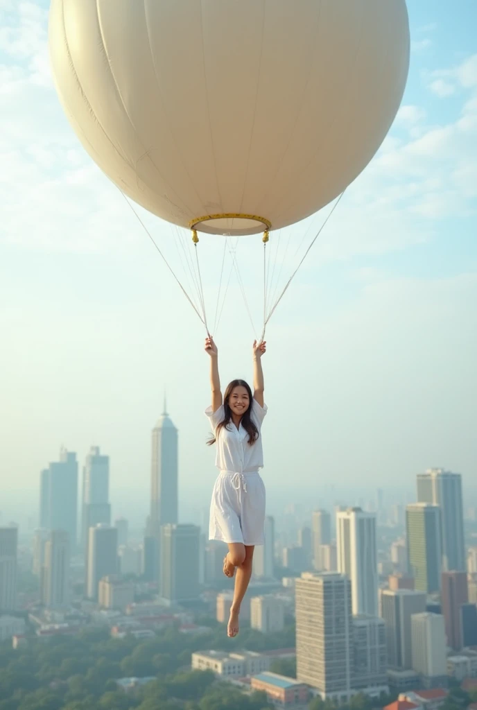 an Indonesian beautiful women wearing white pajamas floating and  holding to the single rope of a big balloon that floating to the sky, the women smile to the camera, below that is a big city of jakarta