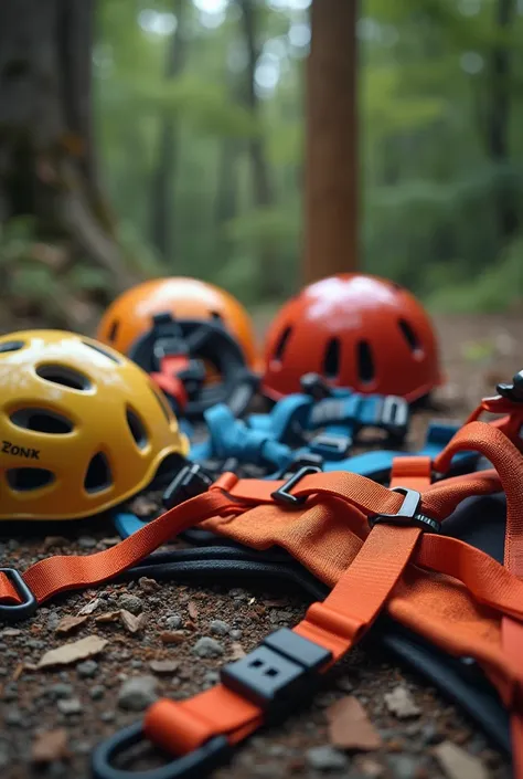 Create an image of harnesses and helmets prepared on the ground to do a rope park activity