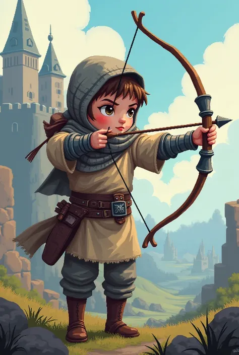 European medieval poor girl in war times shooting a bow with armor 8 bit style