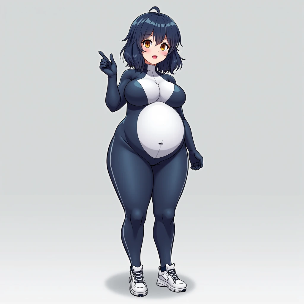 anime girl, medium hair, big pregnant, very big breasts, very big belly , hyper-pregnant girl , the biggest belly , anime style, high resolution, big breasts, hyper-pregnant girl with a big belly, dark blue hair, orange eyes full height, smile, big pregnan...