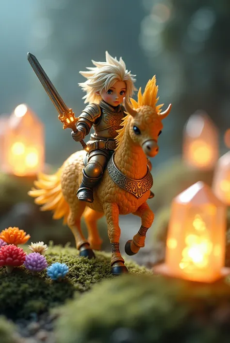 A highly detailed and cinematic macro photograph of a miniature hero in bright golden armor, adorned with intricate, radiant patterns that glow with a soft golden hue. The hero holds a glowing sword, the blade shining with soft blue light, casting reflecti...