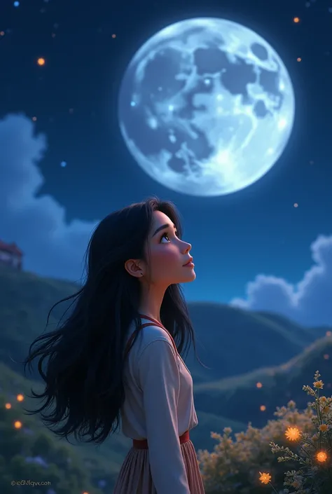 In Pixar mode, a black-haired woman talking to the moon