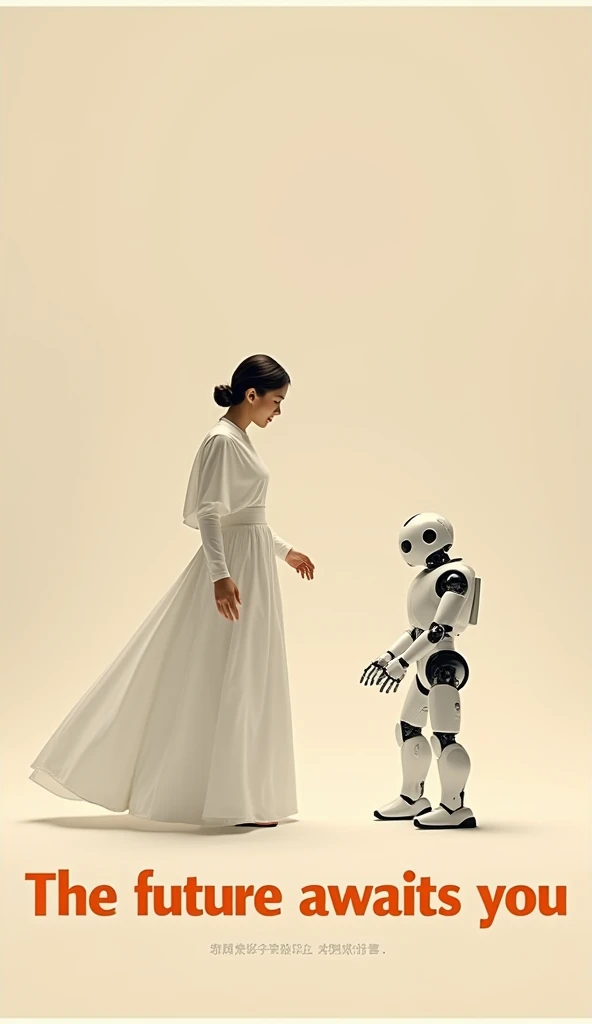 affiche politique, Little living robot watching a woman dress up in a white costar and a white long skirt, Writes at the bottom 
From the poster  : The future awaits you . highlights the color orange. 