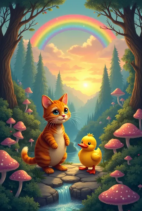 "A brave orange tabby cat and a cheerful yellow duck embark on an exciting adventure together. They explore a mystical forest filled with glowing mushrooms, sparkling rivers, and floating islands. The cat is curious and alert, while the duck is playful and...