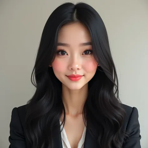 A realistic selfie of a normal woman, Selfie Frontal,  She has straight and long hair ,  black and voluminous , She has a very round face  , she is beautiful, Korean,  your eyes are drawn,  Her skin is rosy ,  she is dressed in work clothes suggesting a mo...