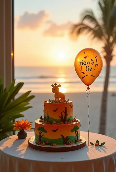 Create an image of a safari-themed cake on top of a round white wooden table.  Next to it an arrangement with a transparent balloon written " zion e liz".  In orange and green tones.  In the background a large window with a view of the beach at sunset