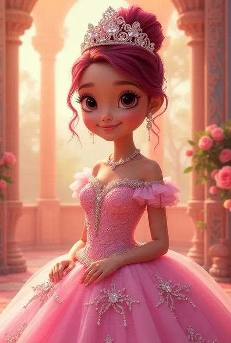 Girl in a pink dress for a quinceañera with pink hair and a crown 