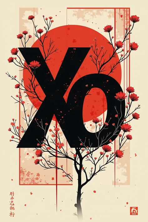 I would like a banner with the initials XO written in red and black with Japanese details 