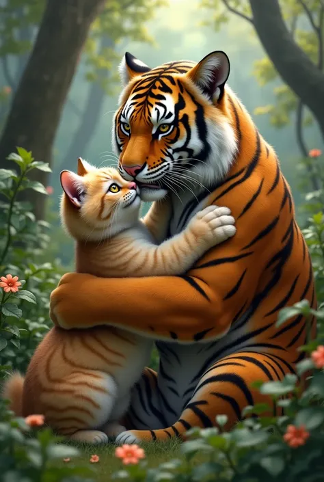 I would like an image of a cat hugging a tiger