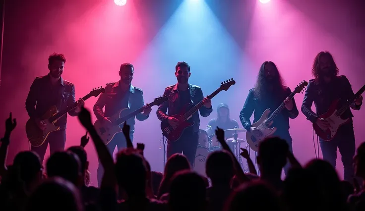  7 musicians: four with guitars, one with a , one with a trumpet and one drum in different biker jackets, vests and bandanas. Neon smoke and light music illuminate the entire composition .  stand on stage ,  in the background, you can see a crowd of specta...