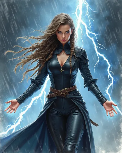 A powerful and dramatic scene in watercolor illustration of a woman standing with her arms extended, looking forward with intense focus. From her hands, bolts of lightning emanate, crackling with energy. She is surrounded by rain, adding to the intensity o...