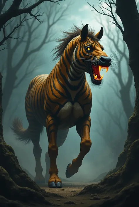 Create a dark and strong hybrid beast of a horse and a tiger