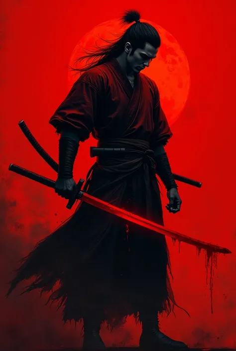  Create a cover for a book with the following description : A samurai standing,  holding your blood-red sword . ( The tip of the sword will be pointed downwards , And he'll be looking down). The background will be red with some details of bloodstains with ...