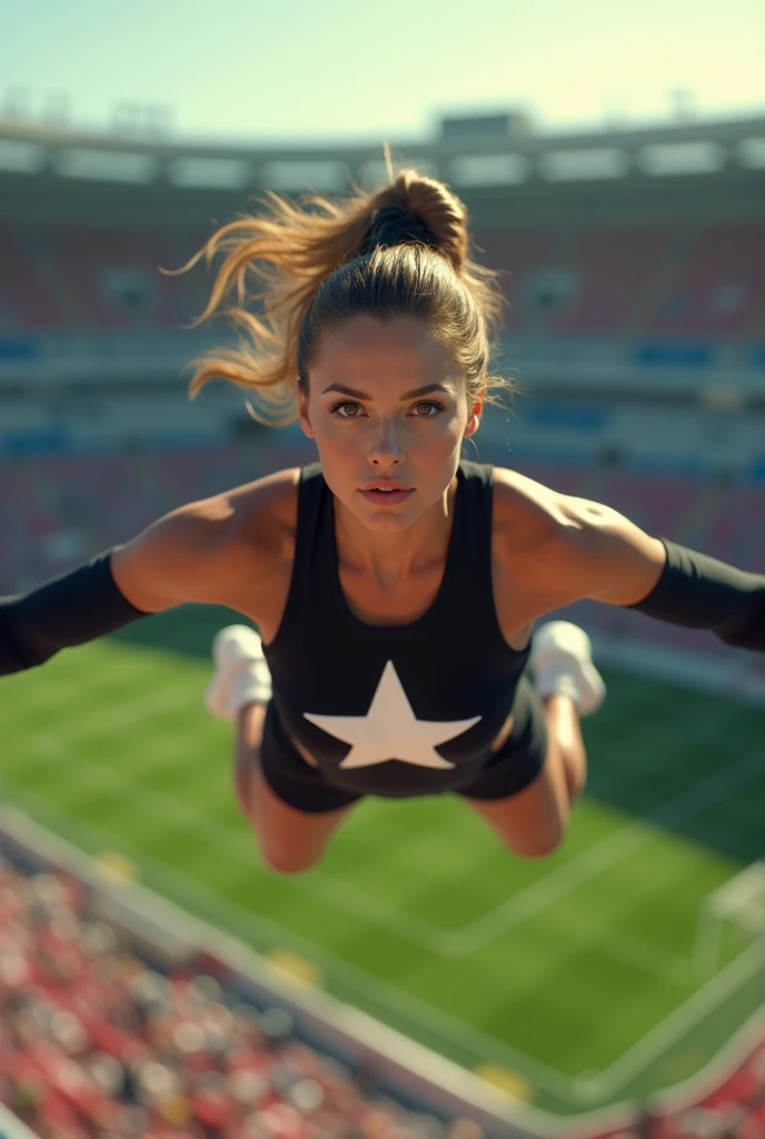 woman(kelly lebrock)  wearing black cheerleader clothing with a white star in the center practicing skydiving showing, v Singn ,  view from above, Below a soccer stadium .