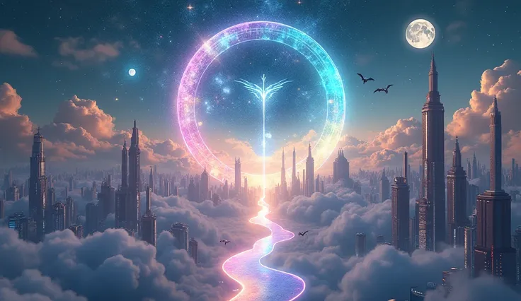 "A floating city above the clouds ,  where crystalline buildings shine under a starry sky with three giant moons .  Rivers of liquid light run through the suspended streets ,  reflecting vibrant colors like a moving rainbow . In the center of the scene,  a...