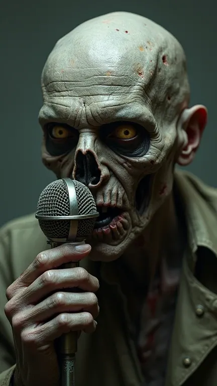 an ultra realistic image of a zombie with its mouth closed and holding a microphone