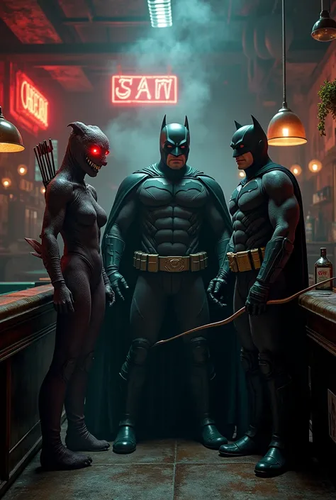 Chica loona hellhound, Batman and Hawkeye sitting in a bar 