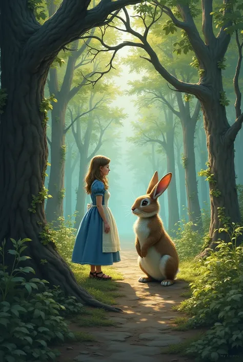 create a realistic image where Alice is confused talking to a wise rabbit,  the place where they are located is wooded and lonely , both are on a path ,  in the background you can see that the same path is divided into several branches that lead to several...