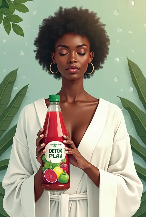 Generate a Detox Plan Poster

"A refreshing and cleansing-themed poster featuring an African woman in a white robe, sitting in a spa-like environment with a Fruity Gulp juice bottle labeled ‘Detox Plan’ in her hand. The bottle has a deep red and green them...