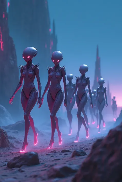 Soldiers from a pink planet at night