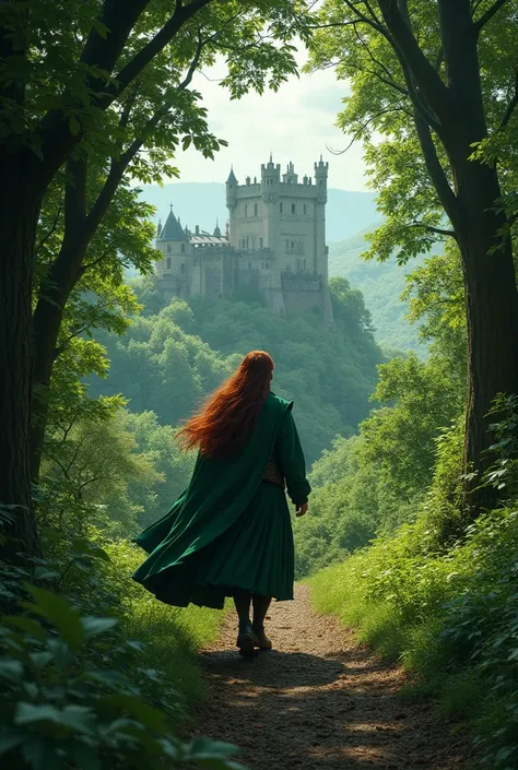 A man, green kilt, walking backwards towards a medieval castle, inside a dense forest, long dark red hair, 8k resolution, very detailed, sharp image.