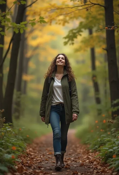 "A person walking alone on a forest trail, looking up with a slight smile. Ultra-realistic, warm natural tones, and peaceful setting."