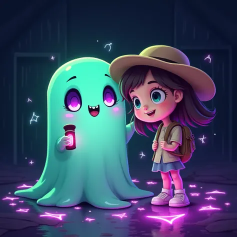 flashy profile picture of a 2D cartoon design featuring a ghostly character holding a small flashlight.  The ghost has a friendly and cute expression ,  but creepy . There is also a age girl wearing a hat .  There are neon glow effects surrounding the char...